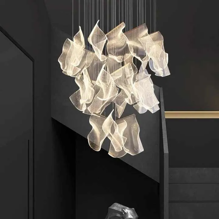 ثريا سلم أكريليك مخصصة ، مصباح ليد متعدد فاخر ، مصباح حديث ، مصباح معلق للمبانيCustom Acrylic Staircase Chandelier, Luxury Multi-LED Light, Modern Lamp, Hanging Lamp for Buildings