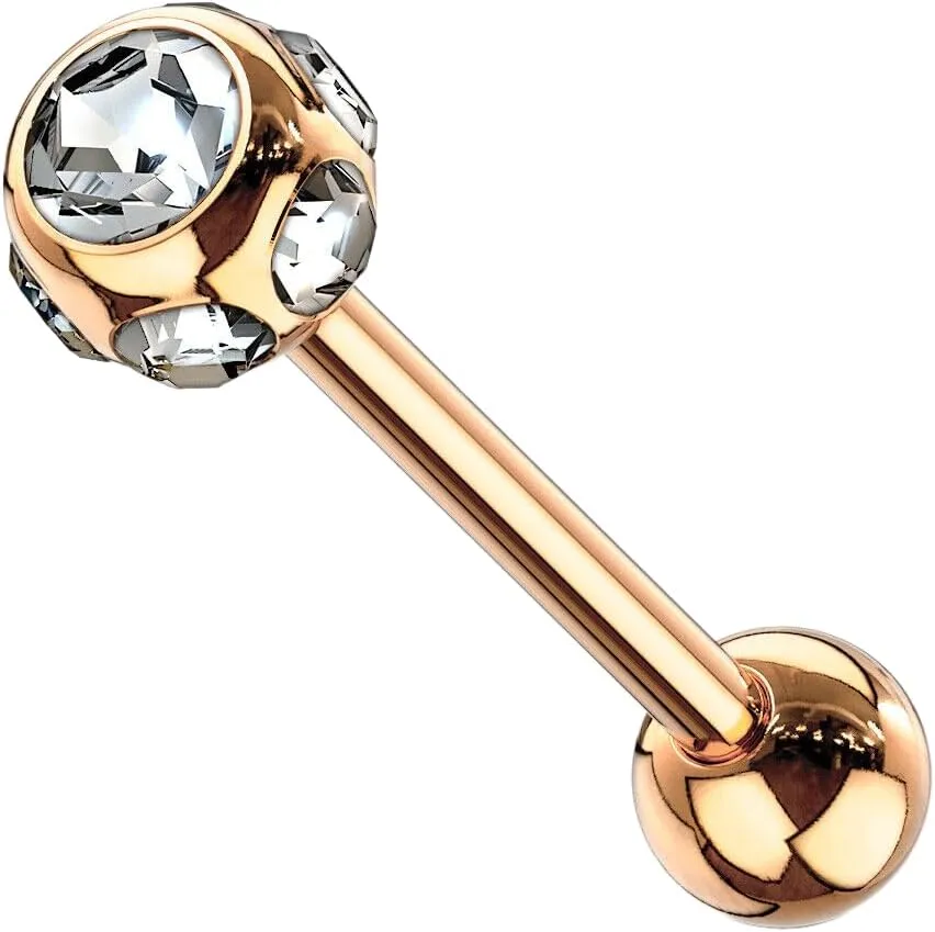 1 Pc Rose Gold Plated With Multi Clear CZ Barbell Tongue Ring 14g Body Unique Jewelry Delicate Design Piercing Steel Surgical For Women