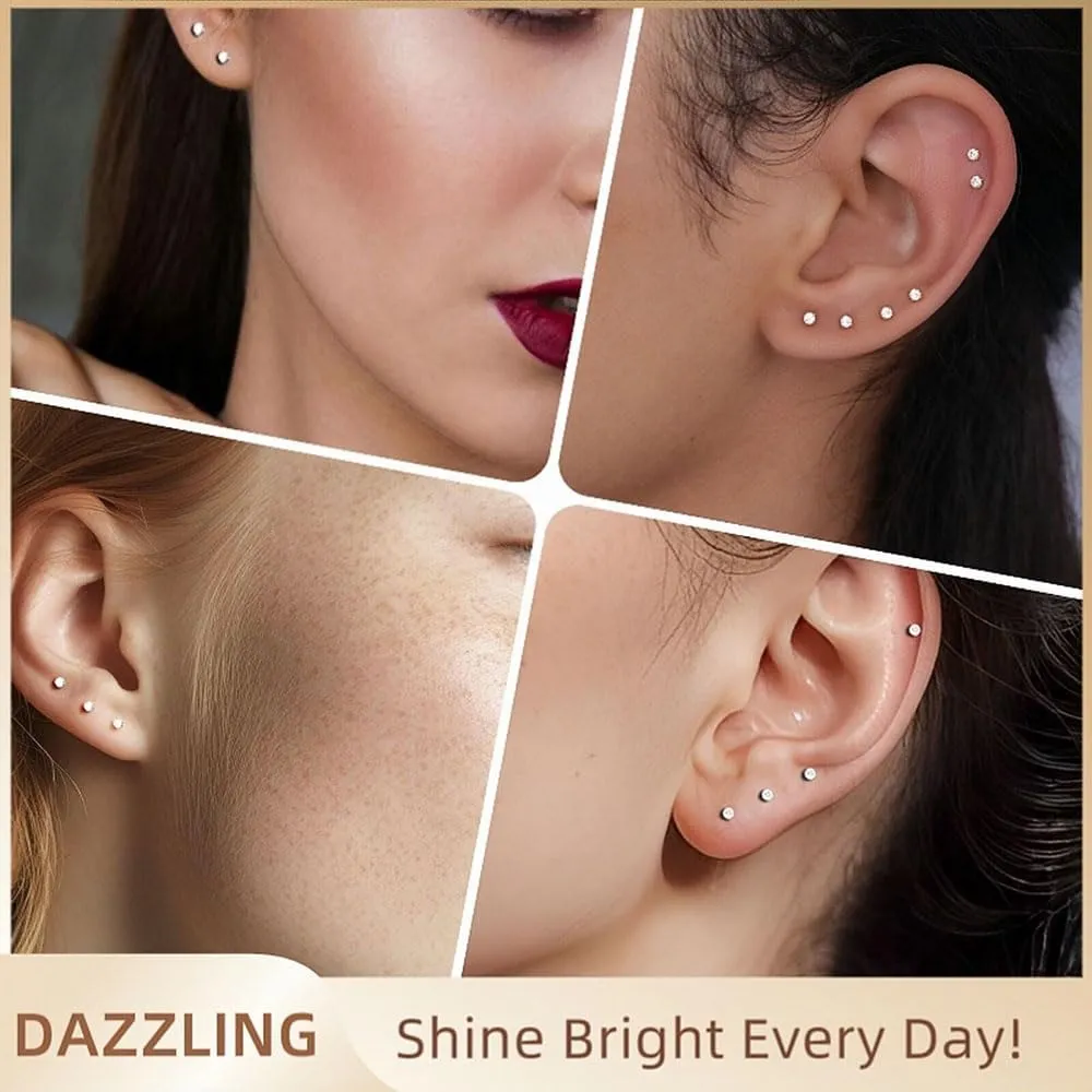 10 Pairs Small Stud Earrings for Women Diamond-Like Shine Cubic Zirconia Earrings for Sensitive Ears Hypoallergenic Surgical Stainless Steel Tiny Stack Earrings for Multiple Piercing