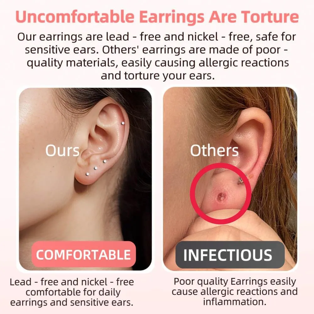 10 Pairs Small Stud Earrings for Women Diamond-Like Shine Cubic Zirconia Earrings for Sensitive Ears Hypoallergenic Surgical Stainless Steel Tiny Stack Earrings for Multiple Piercing