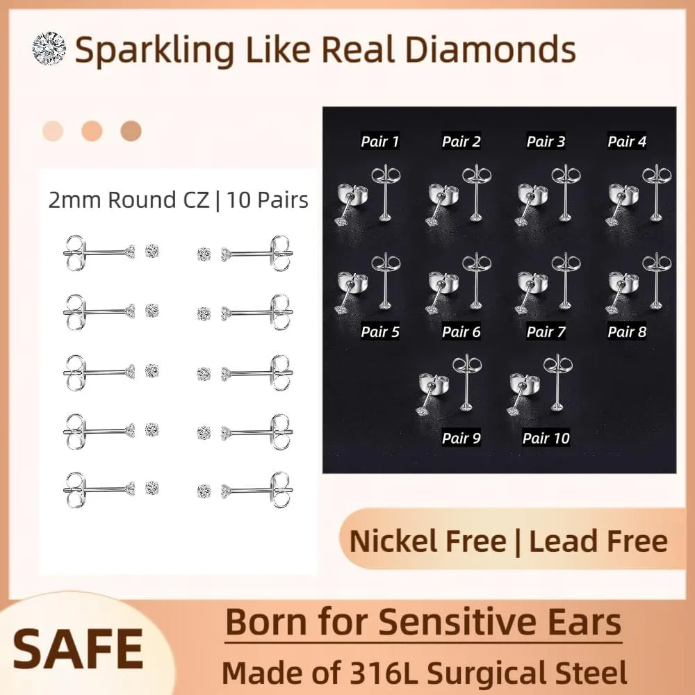 10 Pairs Small Stud Earrings for Women Diamond-Like Shine Cubic Zirconia Earrings for Sensitive Ears Hypoallergenic Surgical Stainless Steel Tiny Stack Earrings for Multiple Piercing