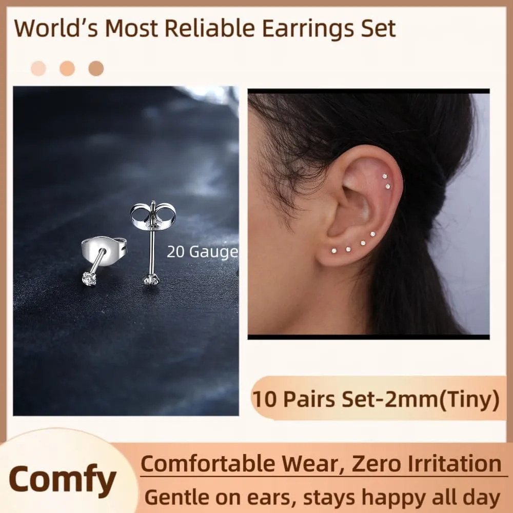 10 Pairs Small Stud Earrings for Women Diamond-Like Shine Cubic Zirconia Earrings for Sensitive Ears Hypoallergenic Surgical Stainless Steel Tiny Stack Earrings for Multiple Piercing