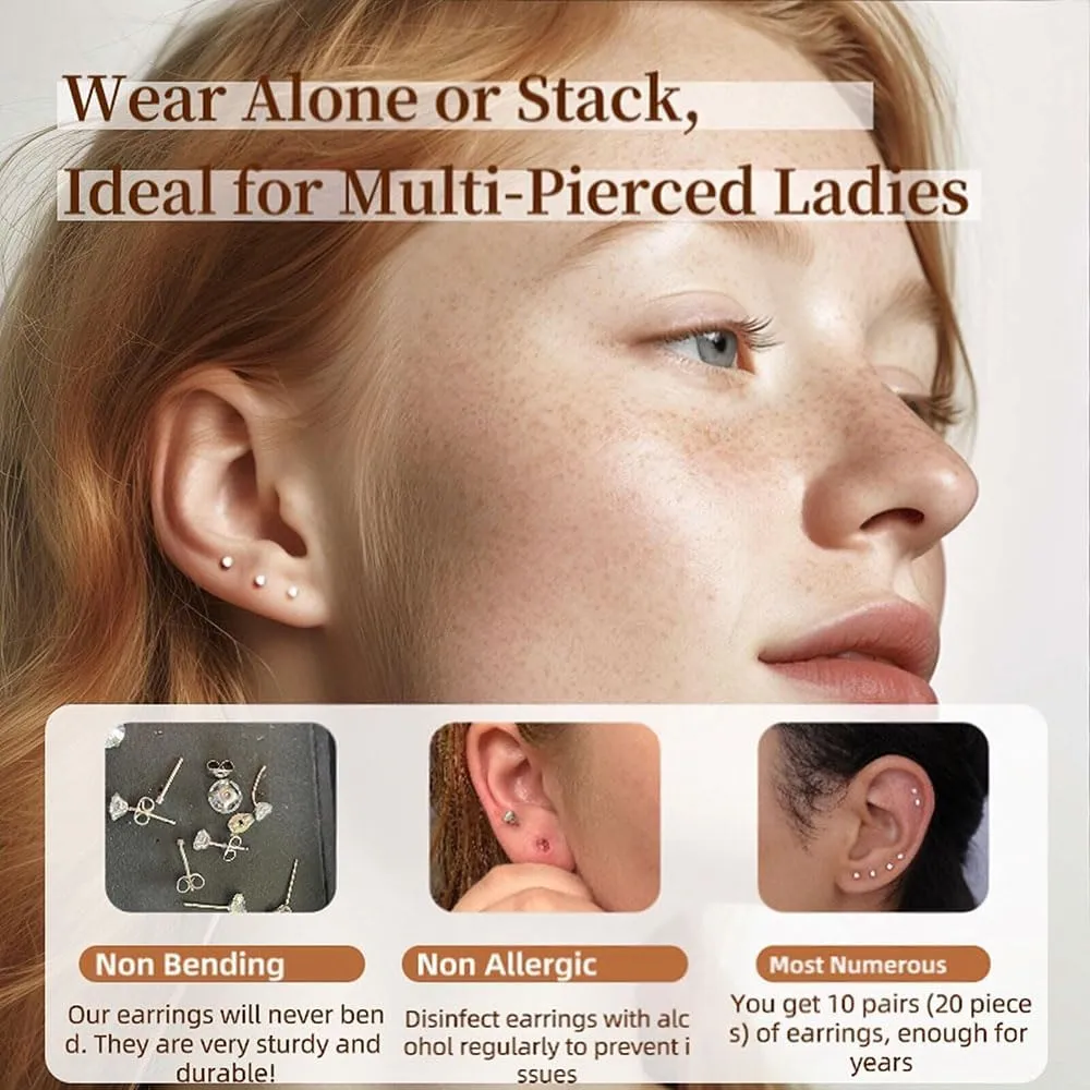 10 Pairs Small Stud Earrings for Women Diamond-Like Shine Cubic Zirconia Earrings for Sensitive Ears Hypoallergenic Surgical Stainless Steel Tiny Stack Earrings for Multiple Piercing