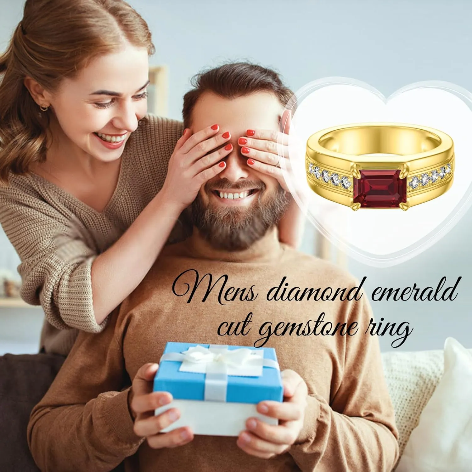 10K 14K 18K Gold 2 Carat Mens Gemstone Rings with Side Moissanite Emerald Cut Gemstone Engagement Rings For Men/Father/Husband