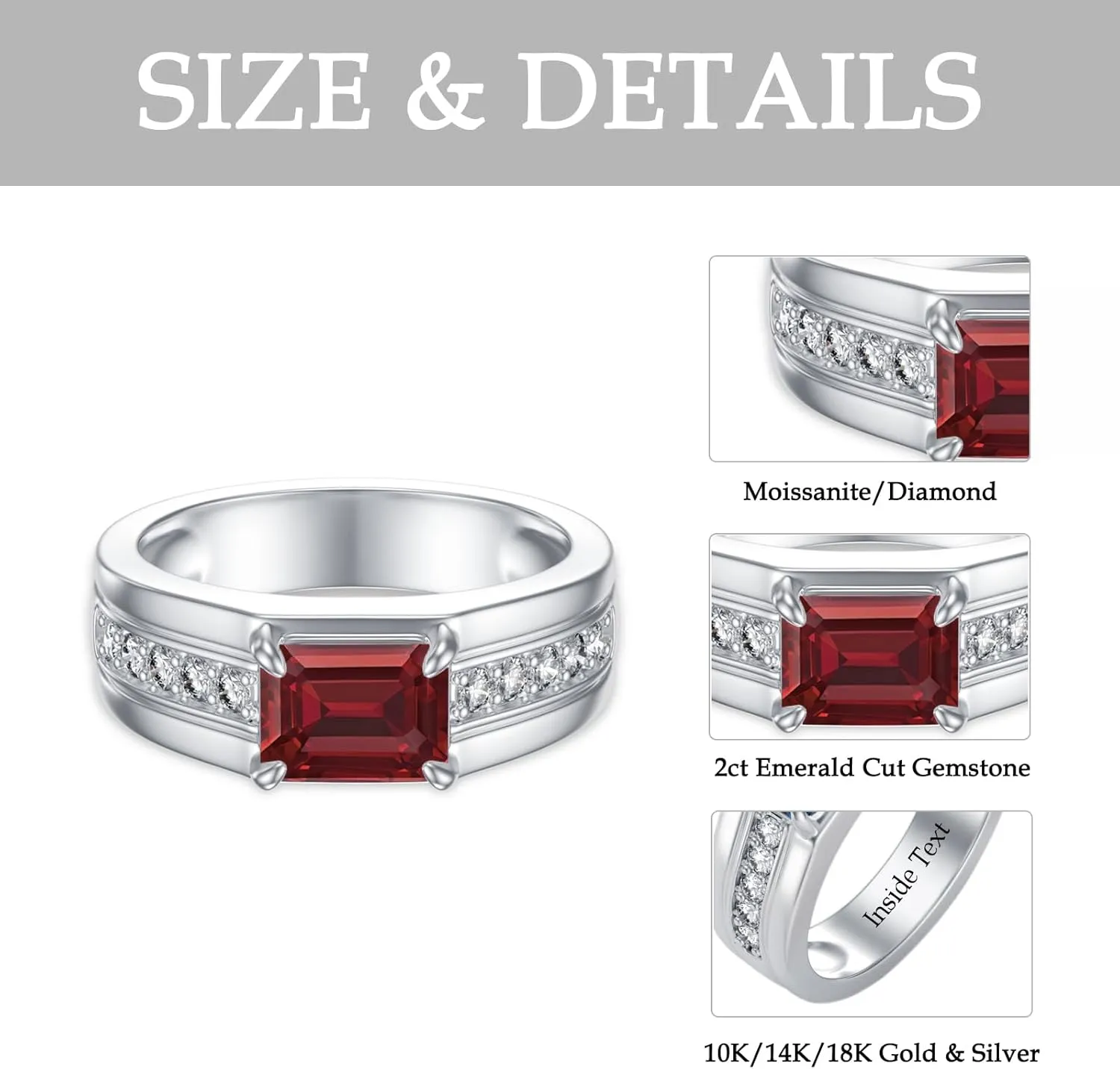 10K 14K 18K Gold 2 Carat Mens Gemstone Rings with Side Moissanite Emerald Cut Gemstone Engagement Rings For Men/Father/Husband