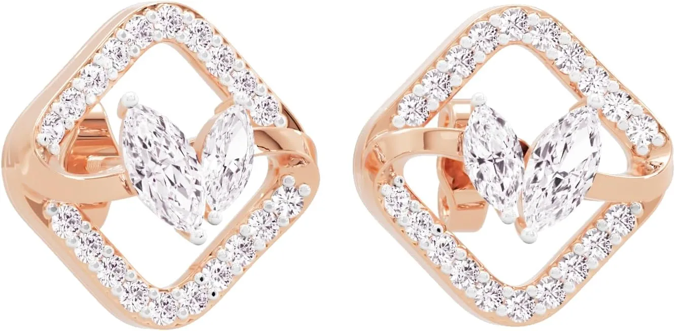 1/2 Carat IGI Certified Lab Grown Central Marquise Paired Solitaire Cubical Halo Round Diamonds 10K Gold Glowing Dewdrop Stud Earrings for Women in White, Yellow and Rose Variants (FG, VVS-VS)