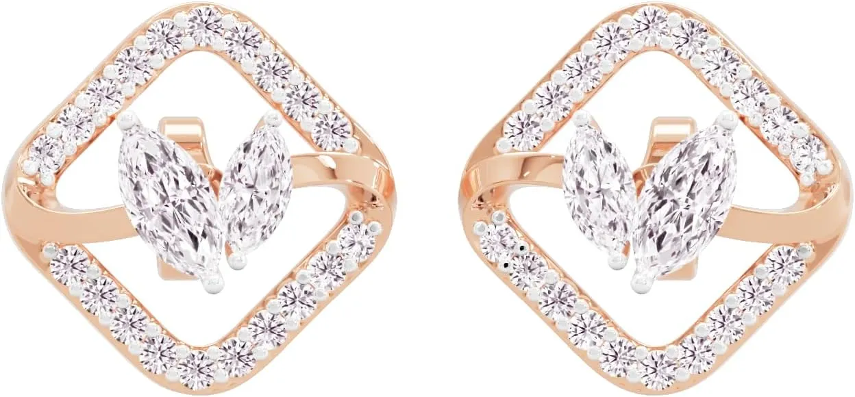 1/2 Carat IGI Certified Lab Grown Central Marquise Paired Solitaire Cubical Halo Round Diamonds 10K Gold Glowing Dewdrop Stud Earrings for Women in White, Yellow and Rose Variants (FG, VVS-VS)