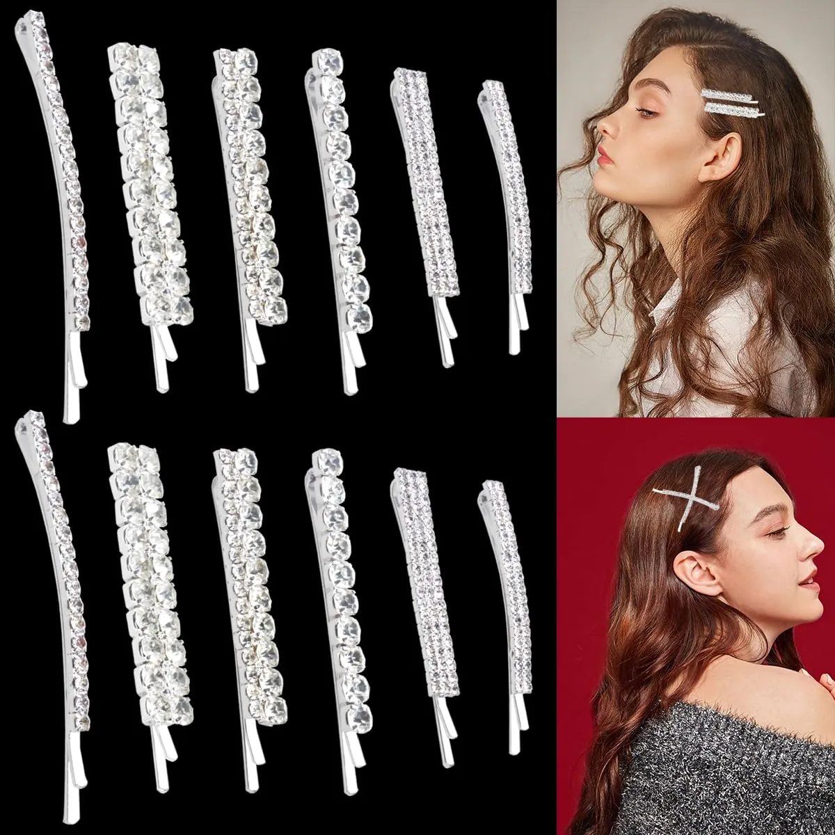 12 Pieces Rhinestone Bridal Hair Clip, Alloy Rhinestone Wedding Hair Pins Crystal Hair Clips, Jewelry Barrette Elegant Hair Accessories for Brides Bridesmaids Flower Girls(Sliver)