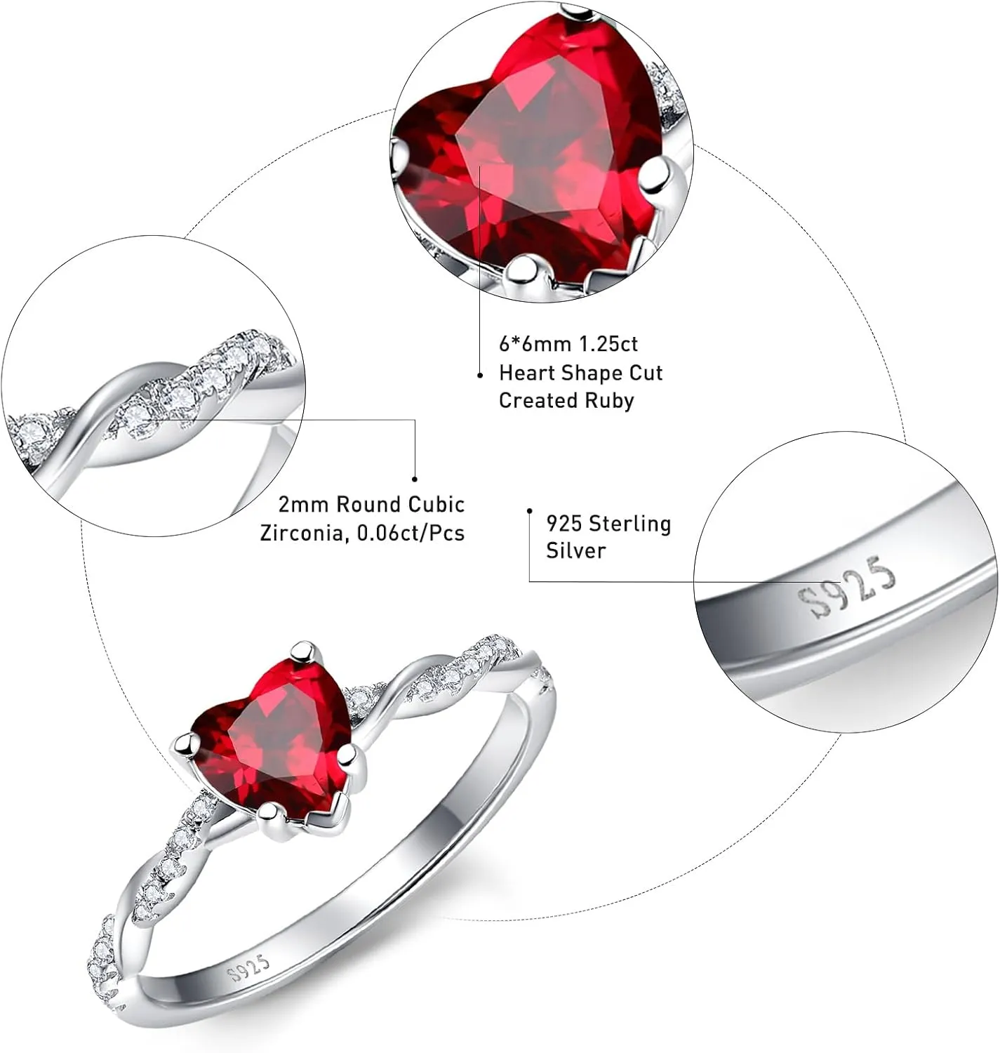 1.25ct Womens Heart Promise Ring, 925 Sterling Silver Heart Cut Created Emerald/Sapphire/Amethyst/Ruby/Cubic Zirconia/Opal Twisted Vine Engagement Ring for Women Size 5-10