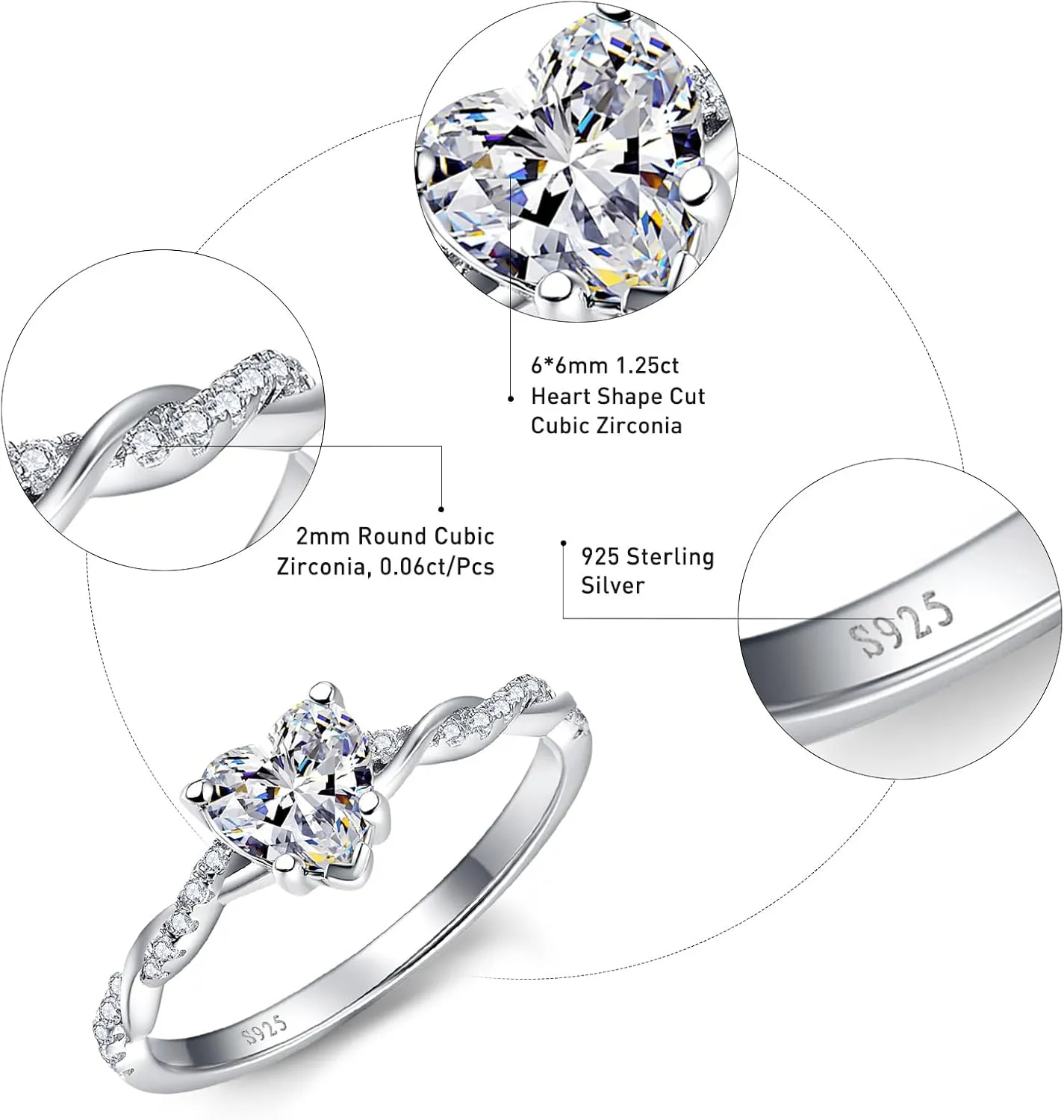 1.25ct Womens Heart Promise Ring, 925 Sterling Silver Heart Cut Created Emerald/Sapphire/Amethyst/Ruby/Cubic Zirconia/Opal Twisted Vine Engagement Ring for Women Size 5-10