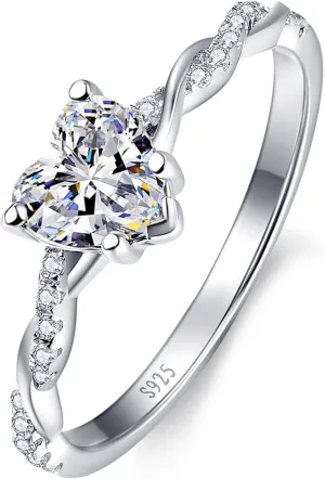 1.25ct Womens Heart Promise Ring, 925 Sterling Silver Heart Cut Created Emerald/Sapphire/Amethyst/Ruby/Cubic Zirconia/Opal Twisted Vine Engagement Ring for Women Size 5-10