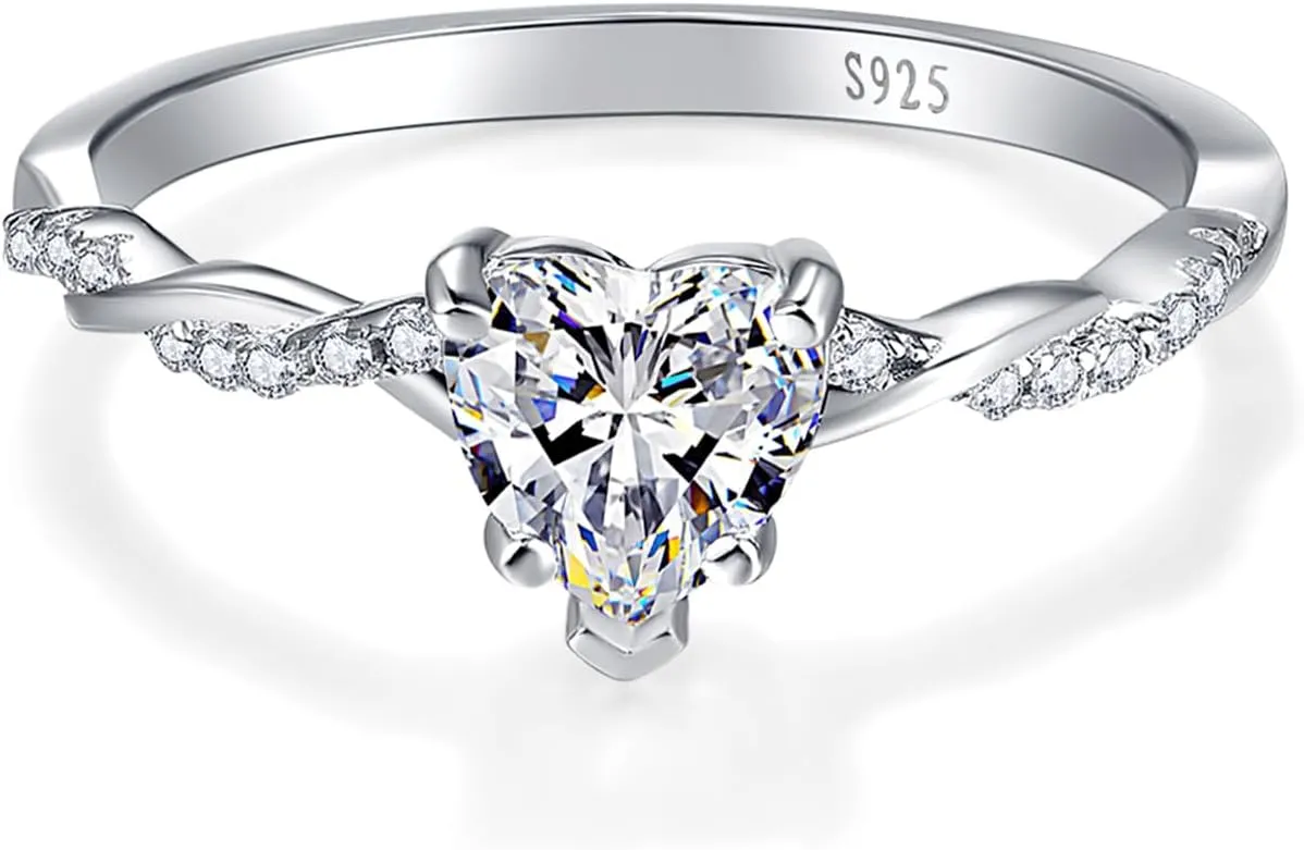 1.25ct Womens Heart Promise Ring, 925 Sterling Silver Heart Cut Created Emerald/Sapphire/Amethyst/Ruby/Cubic Zirconia/Opal Twisted Vine Engagement Ring for Women Size 5-10