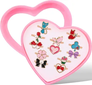 12Pcs Little Girl Jewel Rings in Box, Adjustable Flower Strawberry Rings Girls Kids Pretend Play, Cute Metal Rings with Heart Shape Display Case Party Favors Toys Gifts for Halloween, Christmas