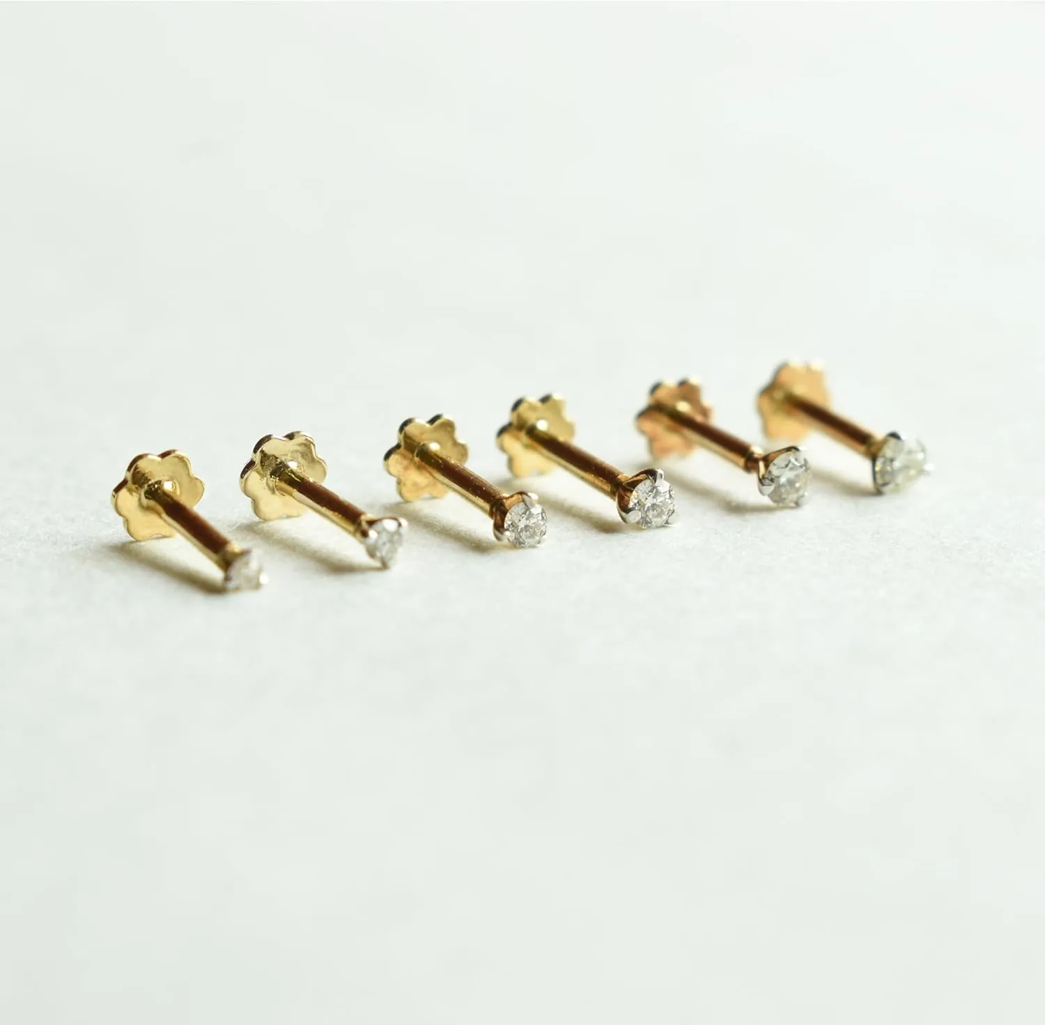 1.40mm - 2.5mm/0.01Ct - 0.06 Ct Diamond 14K Yellow/White/Rose Gold Nose Pin | Certified G Color VS2-Si1 Clarity Three Prong 16G L Wire Piercing Jewellery, Nose Septum Stud for Women