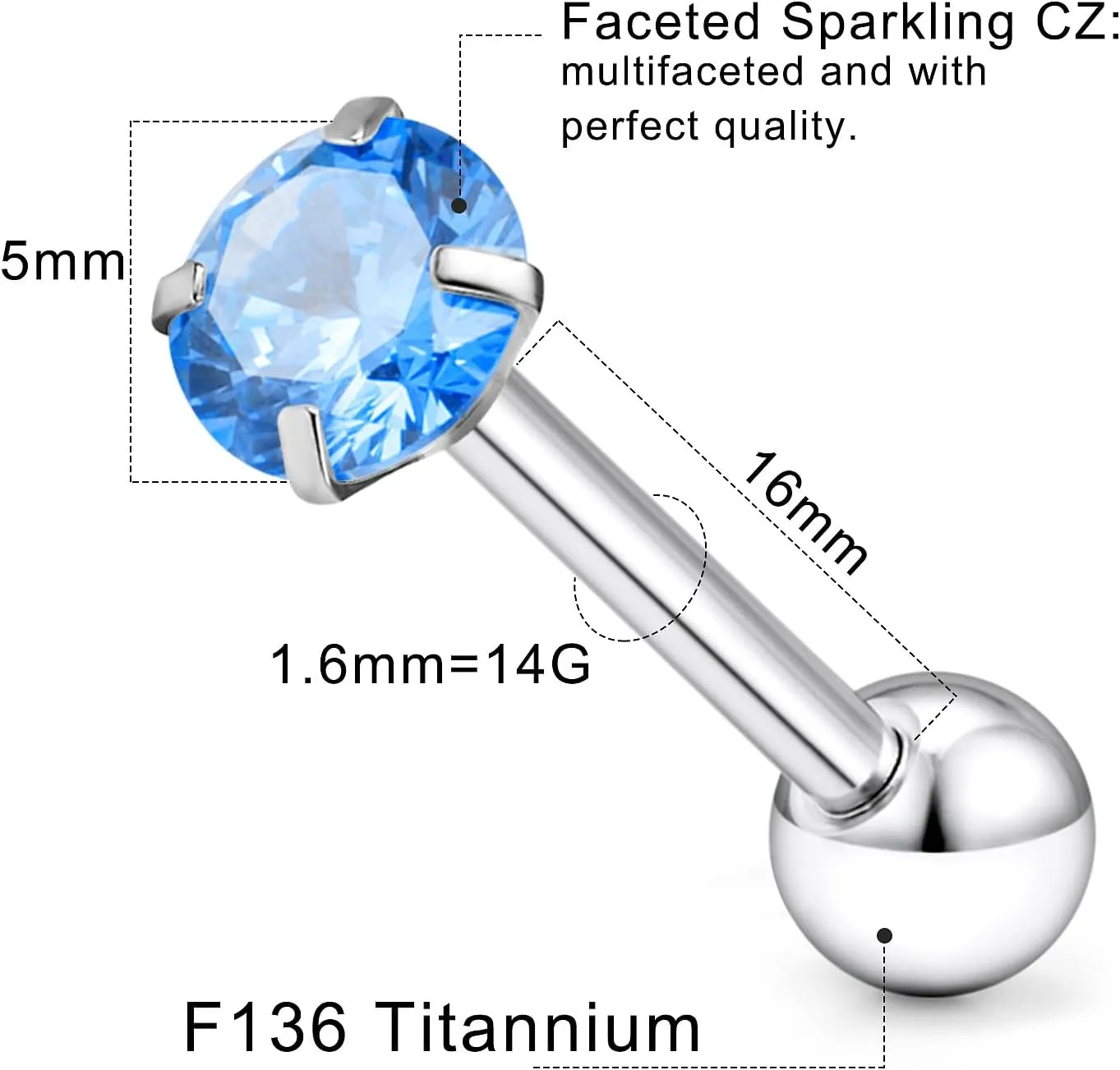14G ASTM F136 Titanium Tongue Rings Shiny CZ Tongue Piercing Jewelry G23 Solid Titanium Internally Threaded 16MM Tongue Rings Piercing Barbell Jewelry for Women Men 14 Gauge