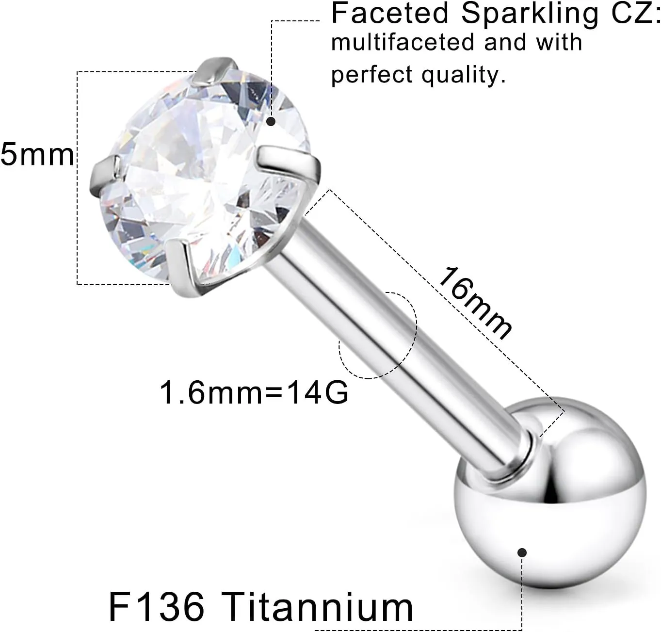 14G ASTM F136 Titanium Tongue Rings Shiny CZ Tongue Piercing Jewelry G23 Solid Titanium Internally Threaded 16MM Tongue Rings Piercing Barbell Jewelry for Women Men 14 Gauge