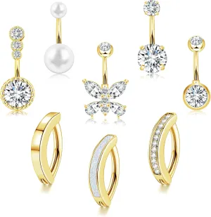 14G Belly Button Ring 8Pcs Piercing Stainless Steel Rings Cute CZ Heart Butterfly Clicker Jewelry for Women
