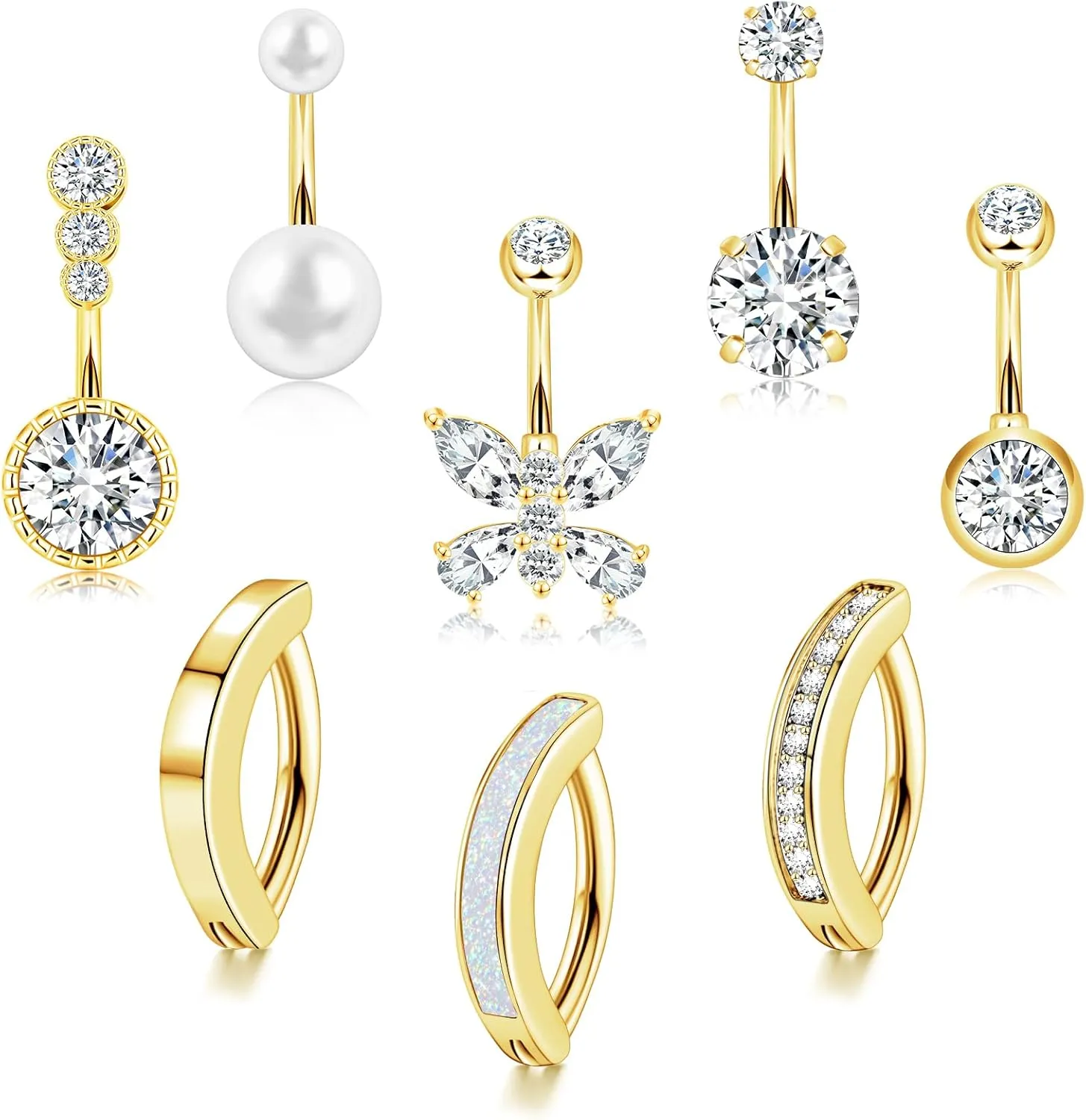 14G Belly Button Ring 8Pcs Piercing Stainless Steel Rings Cute CZ Heart Butterfly Clicker Jewelry for Women