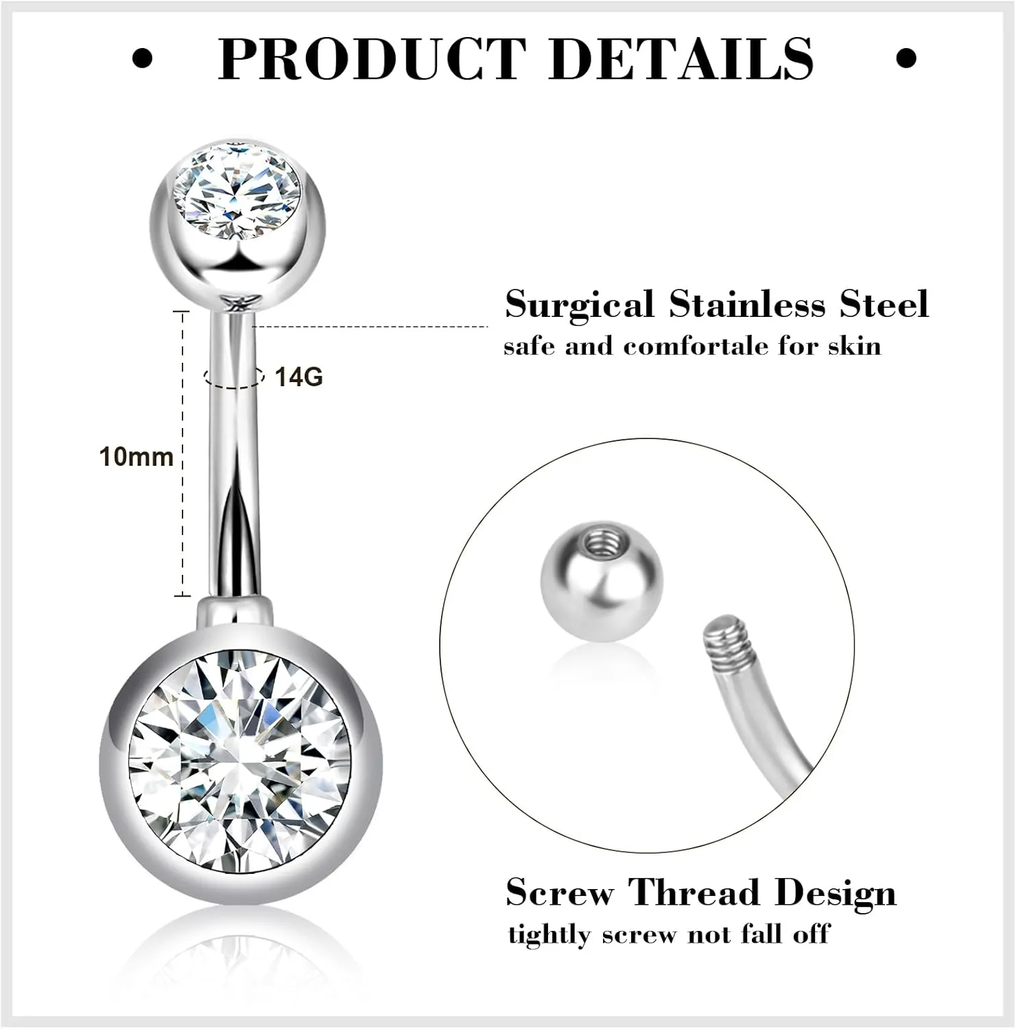 14G Belly Button Ring 8Pcs Piercing Stainless Steel Rings Cute CZ Heart Butterfly Clicker Jewelry for Women