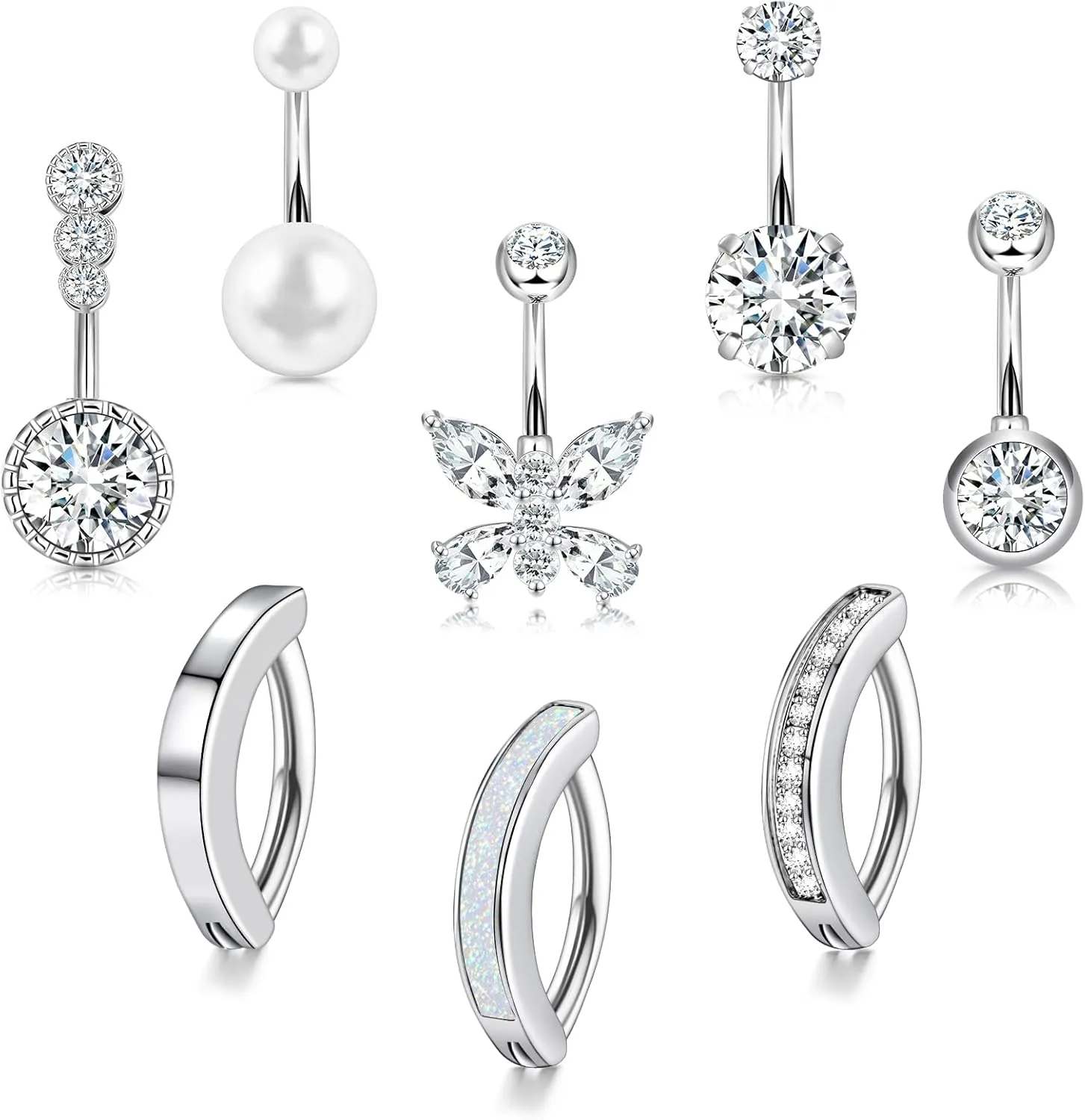 14G Belly Button Ring 8Pcs Piercing Stainless Steel Rings Cute CZ Heart Butterfly Clicker Jewelry for Women
