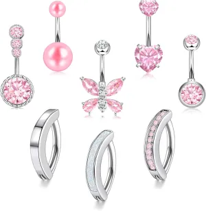 14G Belly Button Ring 8Pcs Piercing Stainless Steel Rings Cute CZ Heart Butterfly Clicker Jewelry for Women
