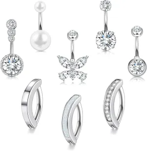 14G Belly Button Ring 8Pcs Piercing Stainless Steel Rings Cute CZ Heart Butterfly Clicker Jewelry for Women