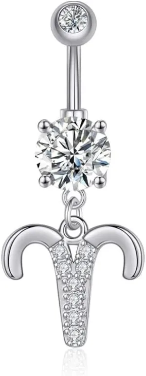 14G Dangle Belly Zodiac Signs Button Ring Silver Plated Clear CZ Zircon Stainless Steel Cute Belly Piercing Jewelry