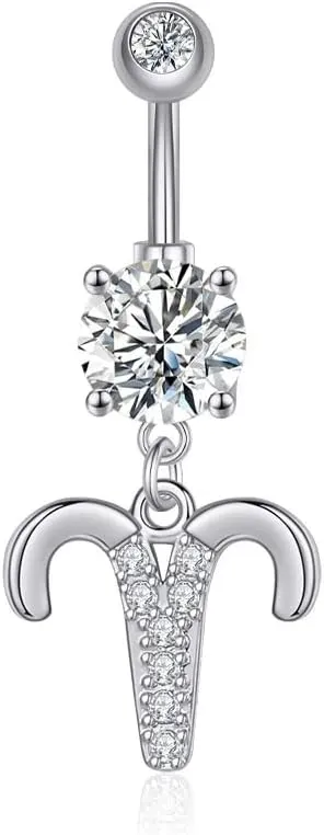 14G Dangle Belly Zodiac Signs Button Ring Silver Plated Clear CZ Zircon Stainless Steel Cute Belly Piercing Jewelry