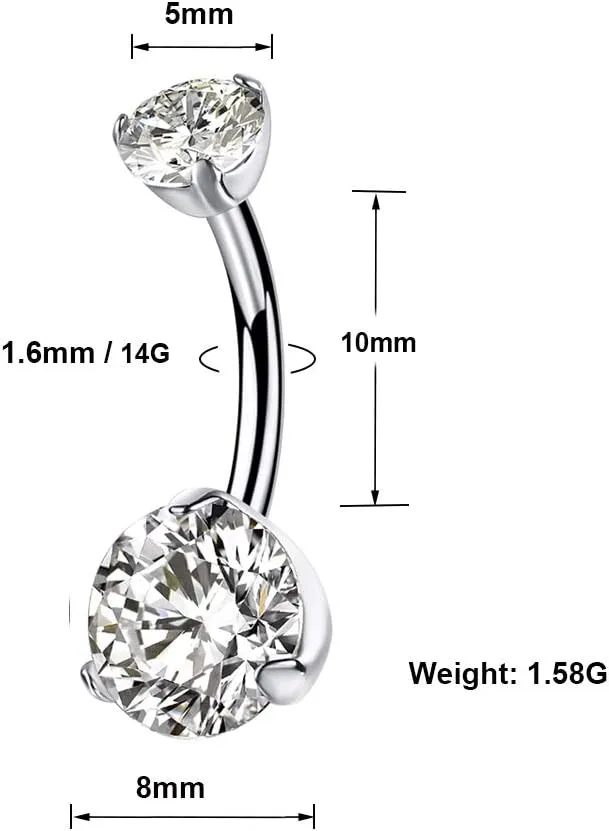 14G G23 Titanium Belly Button Rings 10mm with Cubic Zirconia Internally Threaded Navel Rings Belly Bars