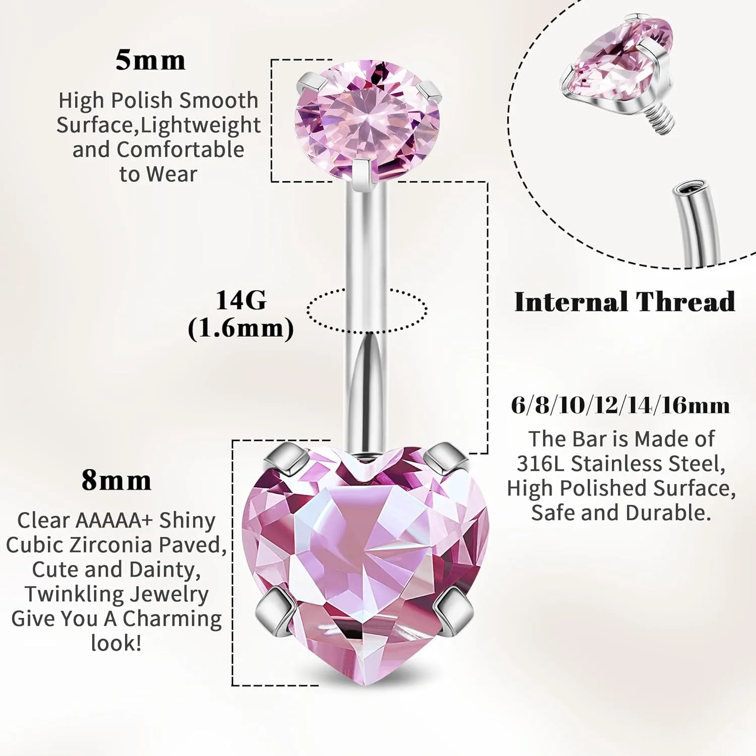 14G G23 Titanium Belly Button Rings for Women Hypoallergenic Heart Belly Rings Internally Threaded Cubic Zirconia Navel Rings for Sensitive Skin Belly Piercing Jewelry 6-16MM