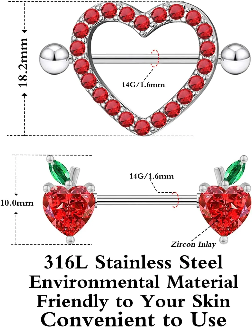 14G Heart Nipple Rings 316L Stainless Steel Nipple Barbells with CZ Heart Stones Tongue Rings Body Pierced Jewelry for Women