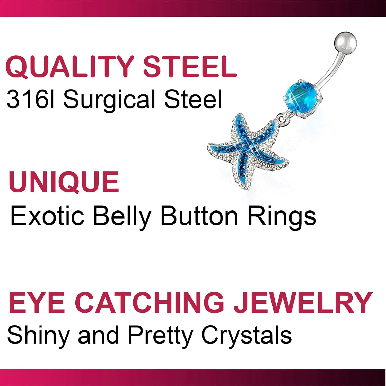14Gauge 1.6mm 3/8 Inch 10mm starfish Crystal Ferido dangle belly dangling navel button ring dangly bar Piercing