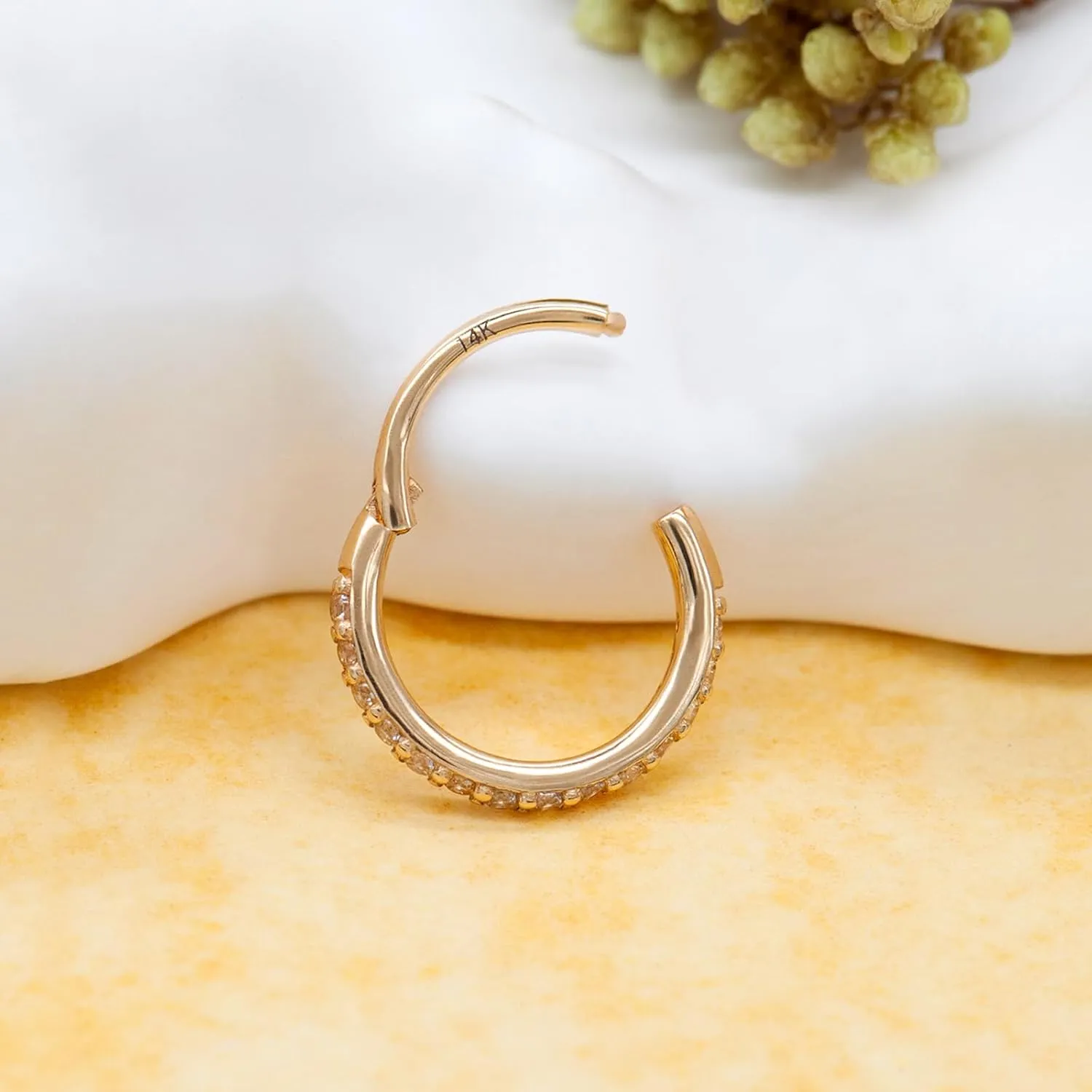 14k Gold 16G 20G 8mm/10mm Septum Rings for Women & Men, CZ Simulated Diamond Rings for Nose, Helix, Rook, Tragus, Daith, Hypoallergenic, Hinged Segment Earring Hoop