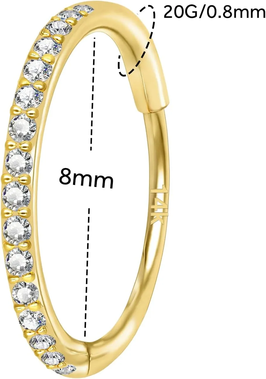 14k Gold 16G 20G 8mm/10mm Septum Rings for Women & Men, CZ Simulated Diamond Rings for Nose, Helix, Rook, Tragus, Daith, Hypoallergenic, Hinged Segment Earring Hoop