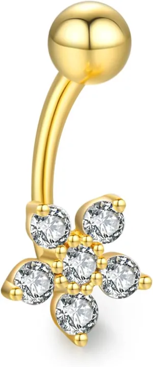 14K Gold Belly Button Rings 14G Cute Gold Belly Rings for women 6mm Flower Belly Piercing Jewelry Solid Yellow Gold Navel Rings for Women