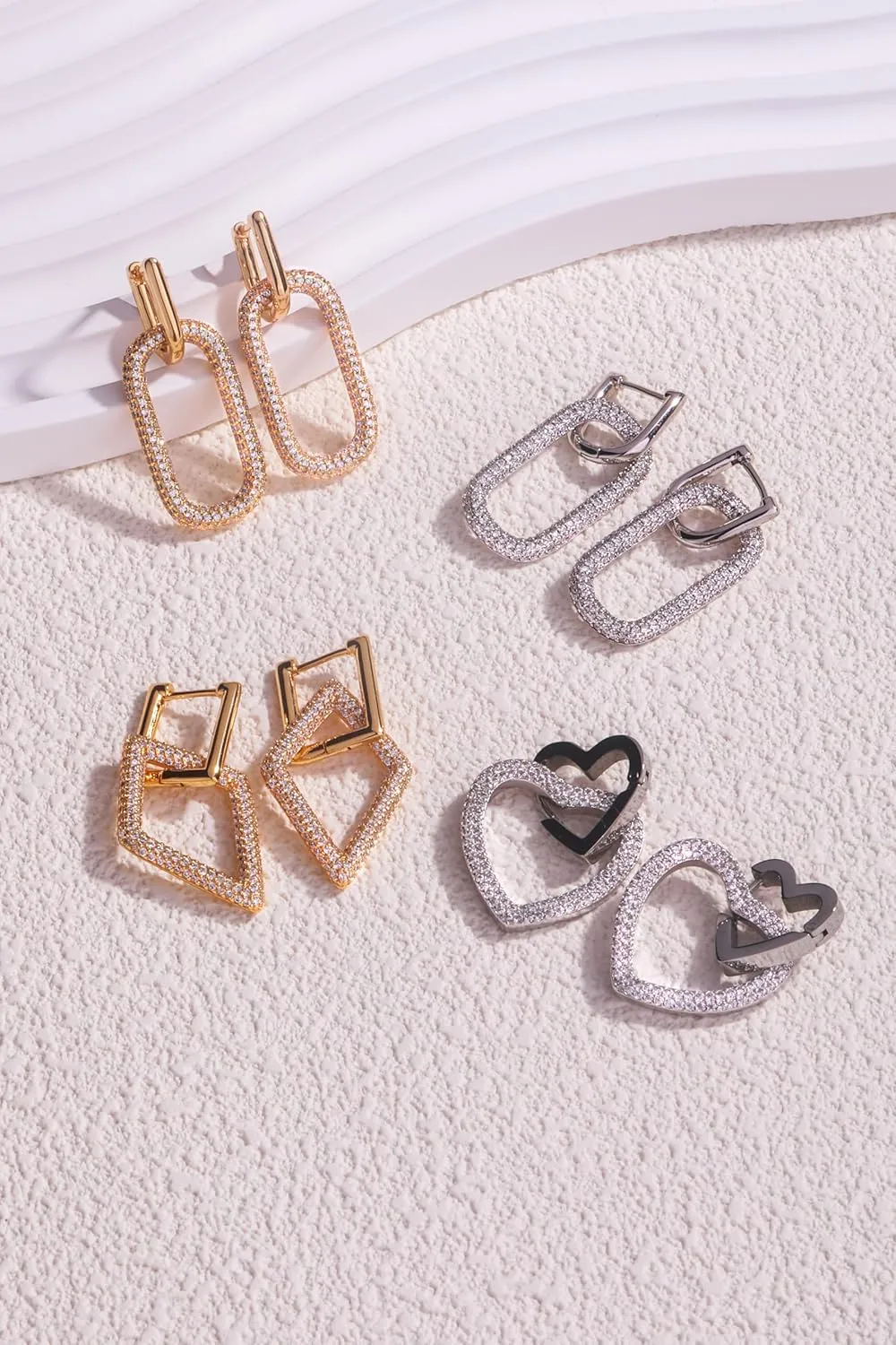 14K Gold Convertible Link Huggie Earrings for Women,320 Sparkly Rhinestone Dainty Vacuum Plating Paperclip Link Statement Earrings | Heart Arrow Cubic Zirconia Two-Toned Rope Drop Dangle Earrings