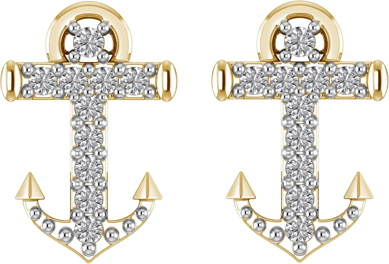 14k Gold Finish 925 Sterling Silver 0.08 ct .t.w Round Cut White Natural Diamond Anchor Cross Stud Earrings (H-I/I2-I3)| Minimalist, Delicate Jewelry