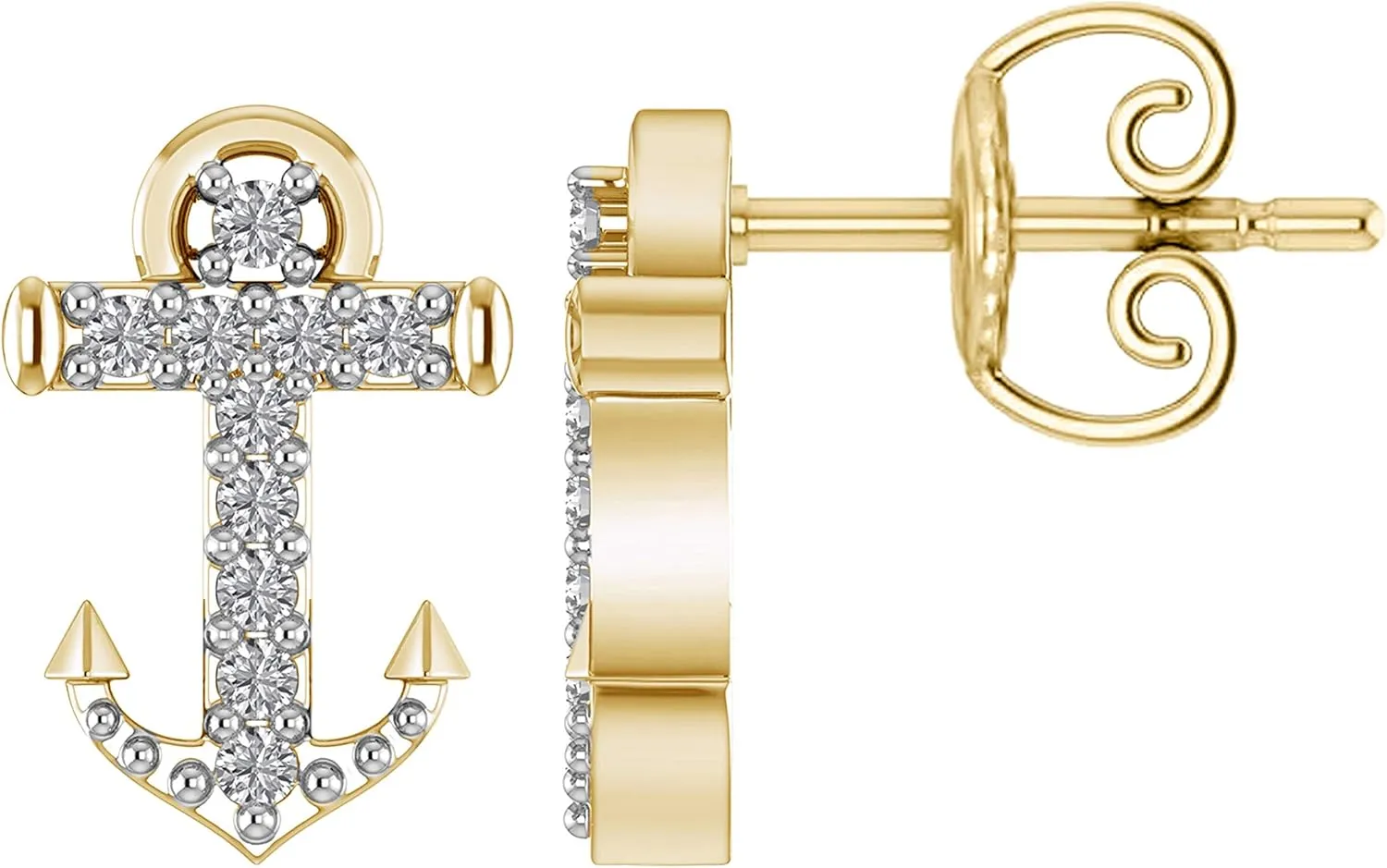 14k Gold Finish 925 Sterling Silver 0.08 ct .t.w Round Cut White Natural Diamond Anchor Cross Stud Earrings (H-I/I2-I3)| Minimalist, Delicate Jewelry
