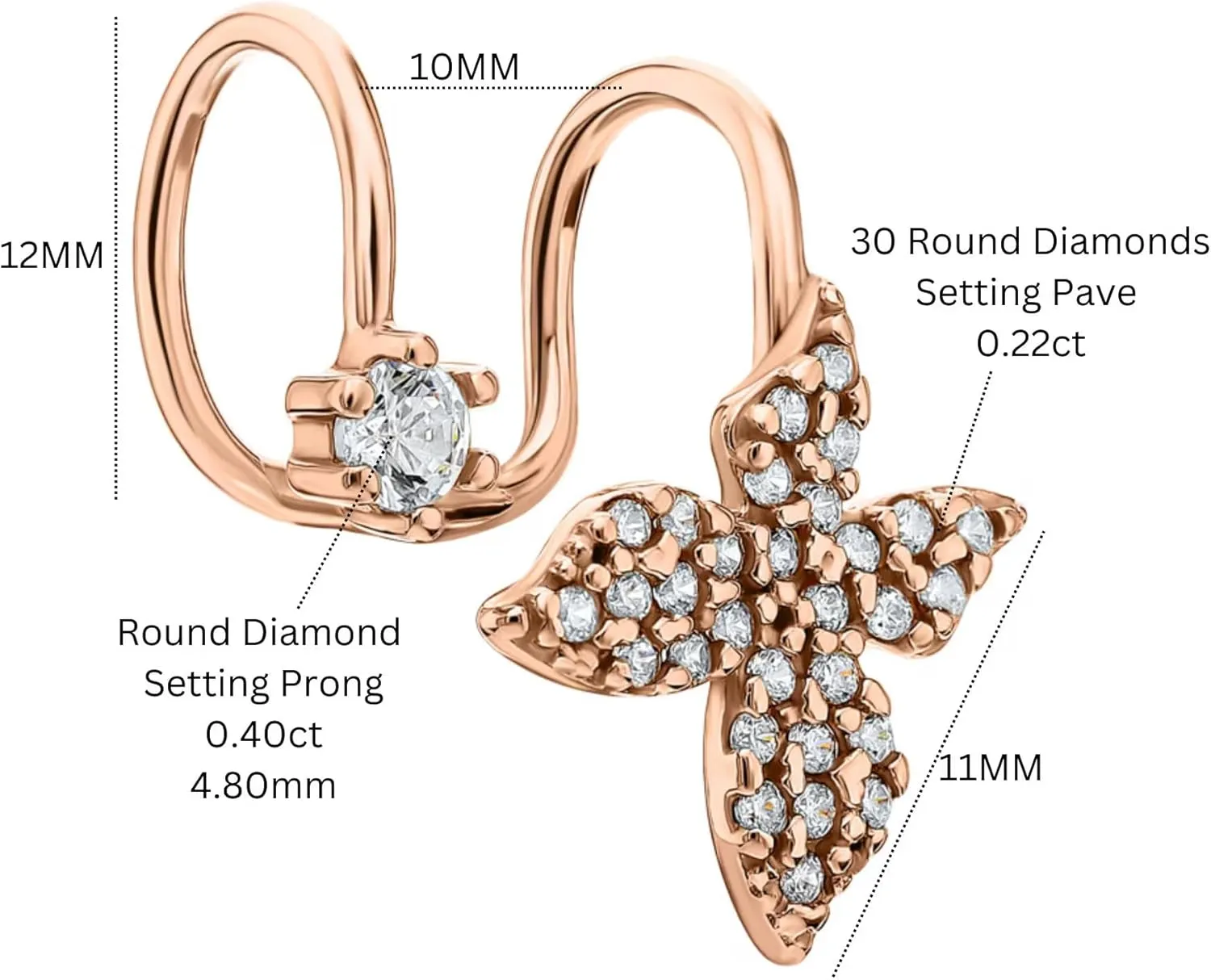 14k Gold Four Leaf Clover Cuff, Upper Ear Earring, Double Wrap Diamond Butterfly Ear Cuff,Four Leaf Upper Ear Cuff, Delicate Bridesmaid Gift.