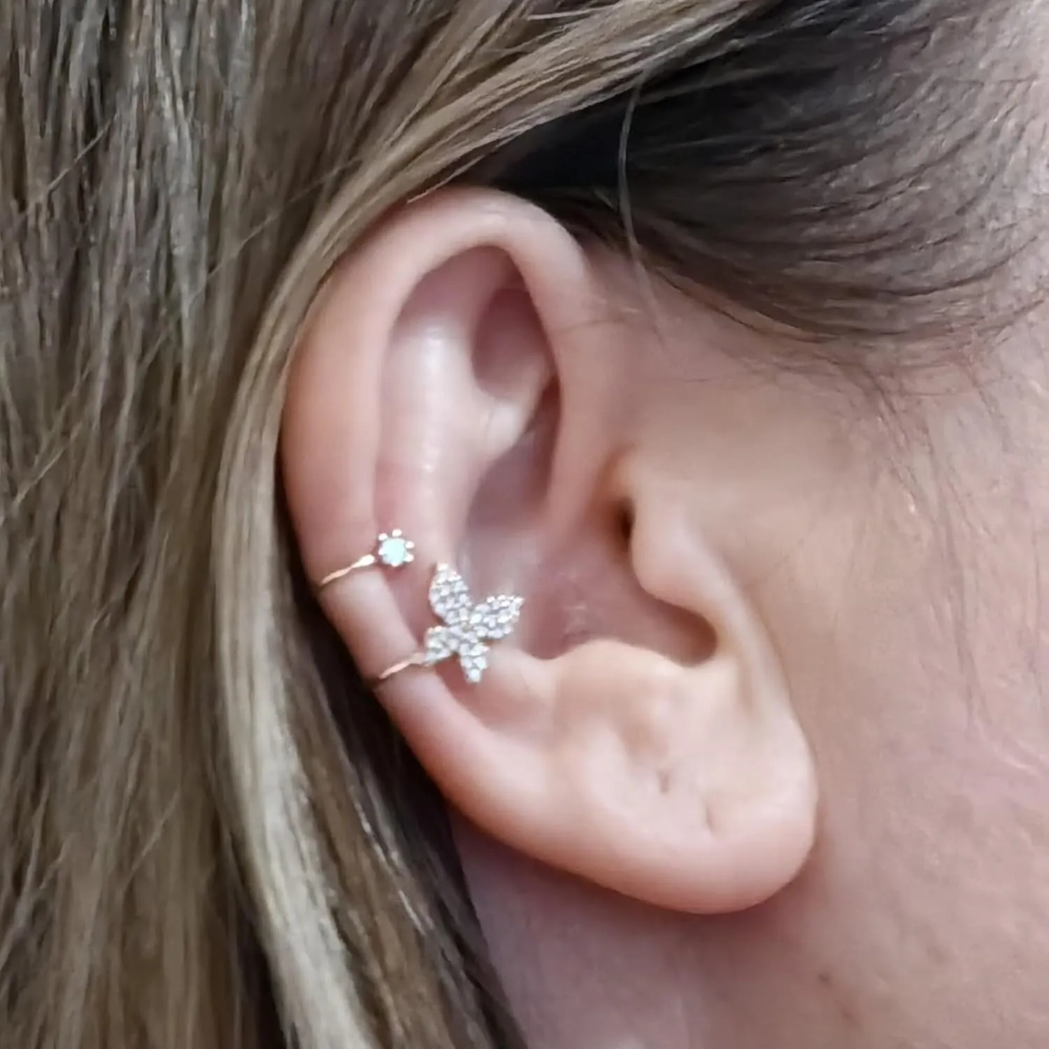 14k Gold Four Leaf Clover Cuff, Upper Ear Earring, Double Wrap Diamond Butterfly Ear Cuff,Four Leaf Upper Ear Cuff, Delicate Bridesmaid Gift.