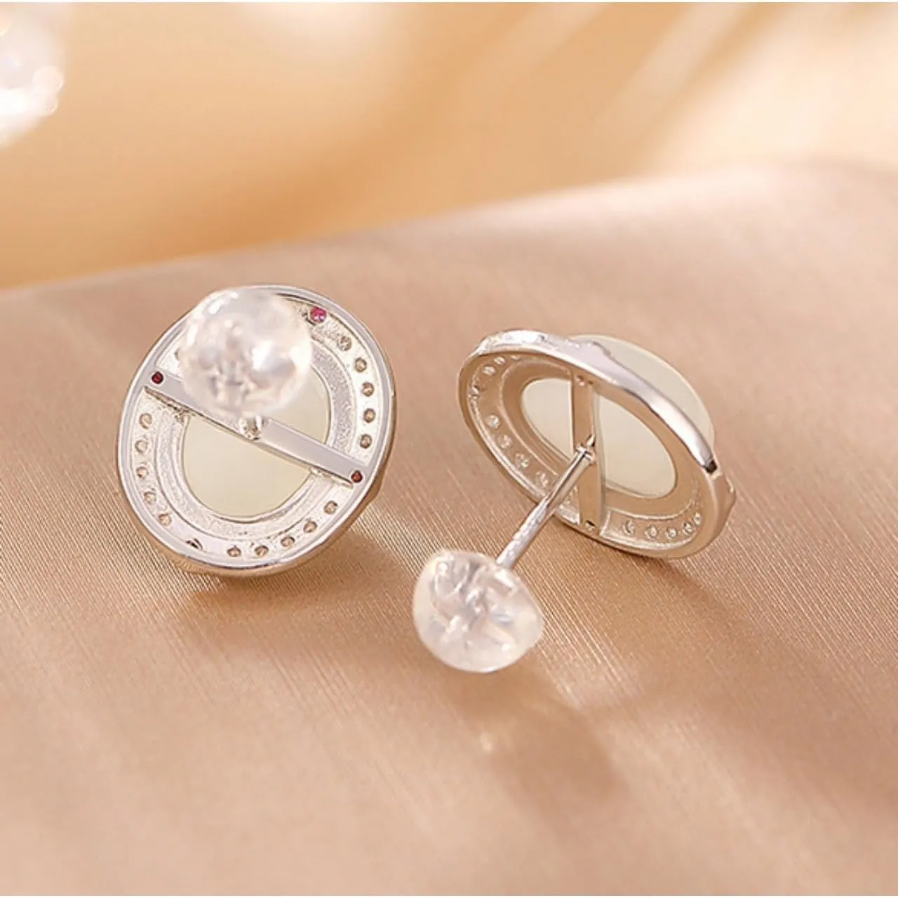 14K Gold Oval Hetian Jade Stud Earrings for Women, Retro and Minimalist Aesthetic, Unique Gift for Mom