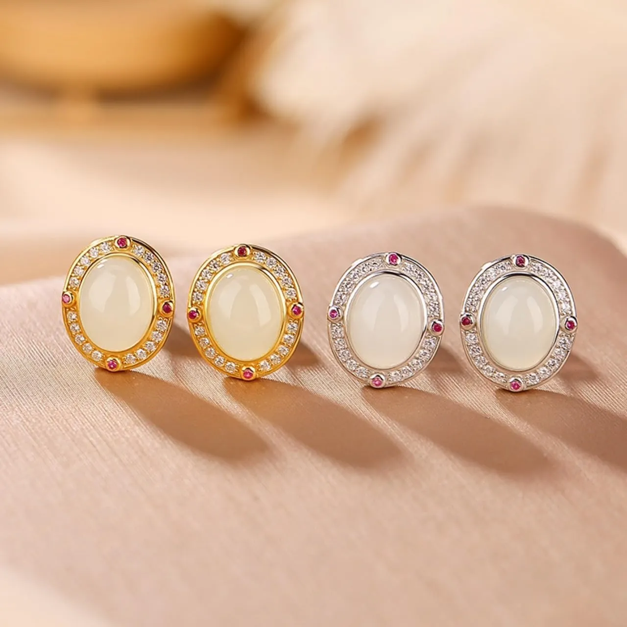 14K Gold Oval Hetian Jade Stud Earrings for Women, Retro and Minimalist Aesthetic, Unique Gift for Mom