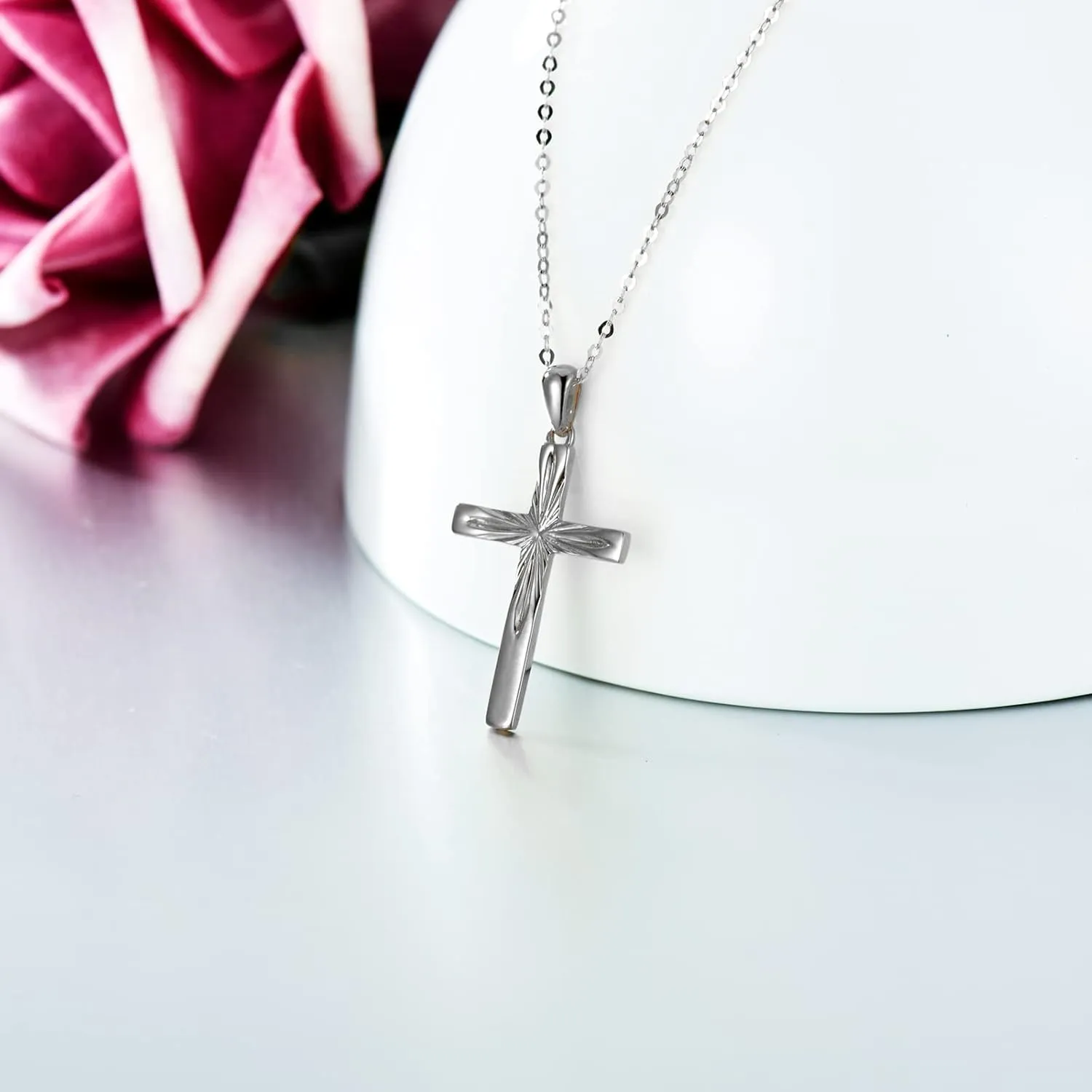 14K Solid Gold Cross Necklace for Women, Delicate Gold Italian Diamond-cut Cross Pendant Necklace Religious Jewelry for Her, Wife, Mom, 16"-18"