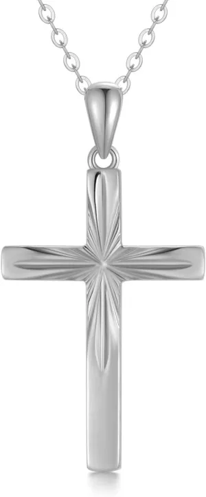 14K Solid Gold Cross Necklace for Women, Delicate Gold Italian Diamond-cut Cross Pendant Necklace Religious Jewelry for Her, Wife, Mom, 16"-18"