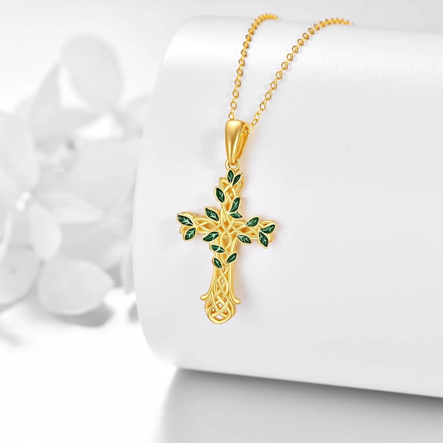 14K Solid Gold Cross/Hecate Necklace for Women Delicate Gold Tree of Life Cross Pendant Necklace Religious Jewelry Gifts for Girl Wife Mom