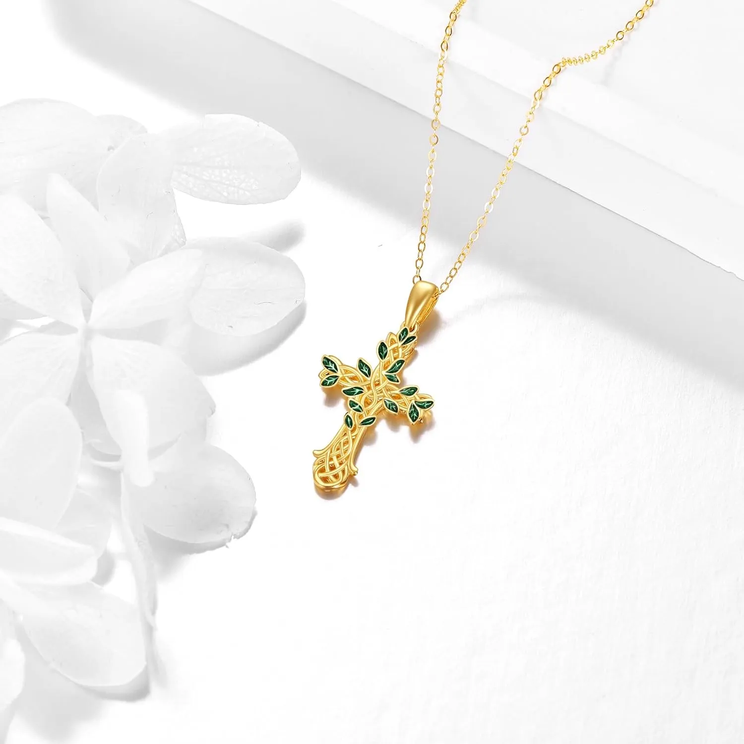 14K Solid Gold Cross/Hecate Necklace for Women Delicate Gold Tree of Life Cross Pendant Necklace Religious Jewelry Gifts for Girl Wife Mom