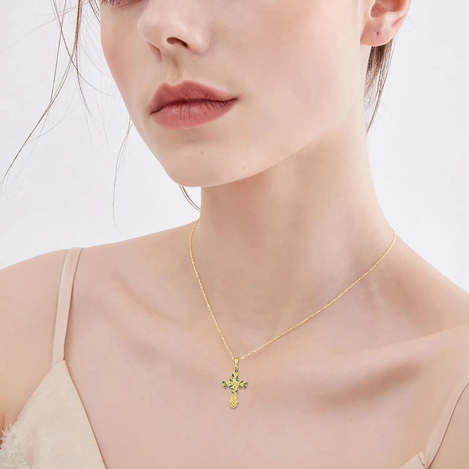 14K Solid Gold Cross/Hecate Necklace for Women Delicate Gold Tree of Life Cross Pendant Necklace Religious Jewelry Gifts for Girl Wife Mom