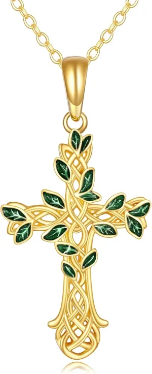 14K Solid Gold Cross/Hecate Necklace for Women Delicate Gold Tree of Life Cross Pendant Necklace Religious Jewelry Gifts for Girl Wife Mom