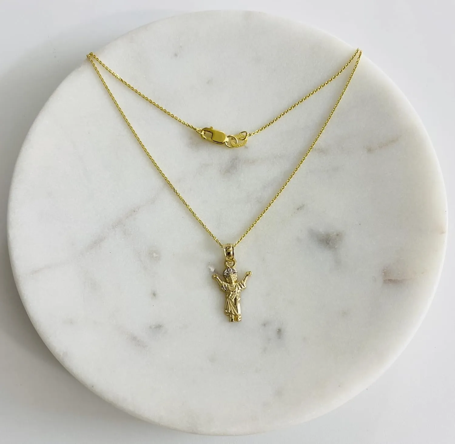 14K Solid Gold Holy Small Jesus Pendant Charm Necklace, 14K 2 Tone Gold Divine Small Jesus Pendant, 14K Solid Gold 0.8mm Cable Chain Necklace, Religious Jewelry.