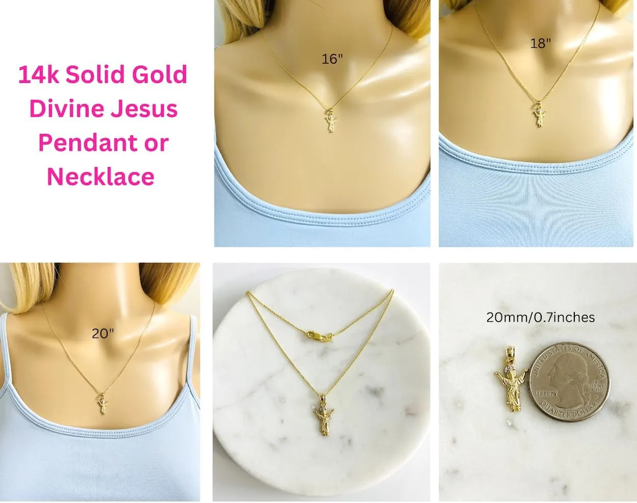 14K Solid Gold Holy Small Jesus Pendant Charm Necklace, 14K 2 Tone Gold Divine Small Jesus Pendant, 14K Solid Gold 0.8mm Cable Chain Necklace, Religious Jewelry.